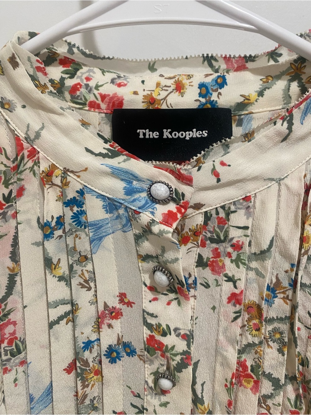 The Kooples Cream Floral Pleated Dress with Blue Bird Motif - Picture 2 of 9